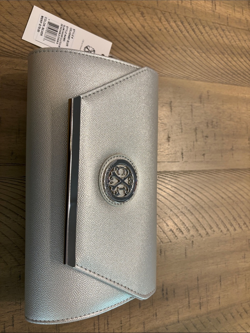 Metallic Silver Clutch with Logo Emblem 743